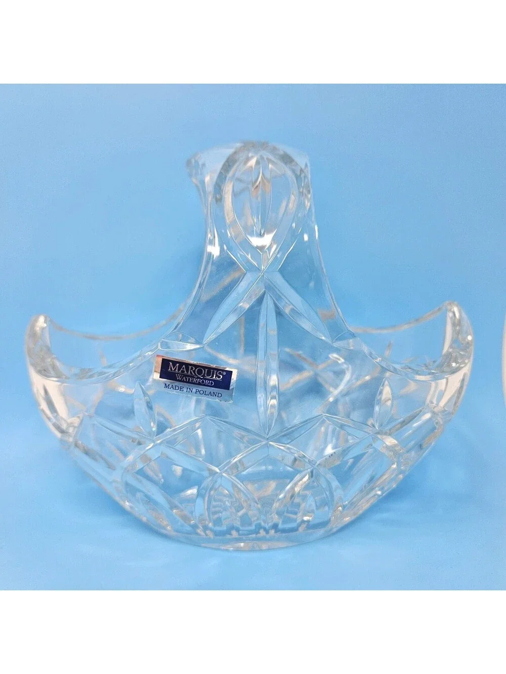 Marquis by Waterford Crystal Basket 7” Handled Original Sticker Unique Cut Glass